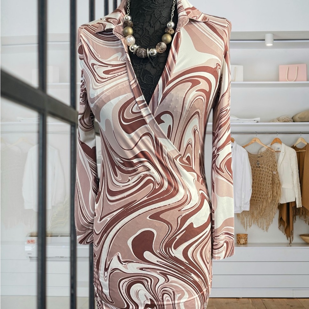 SHEIN Cream and Brown Bodycon Dress with Plunge Neckline